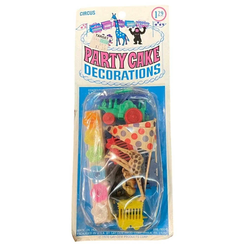 Vtg circus rainbow zoo Plastic Flowers Birthday Cake Candle Holders Cake Toppers